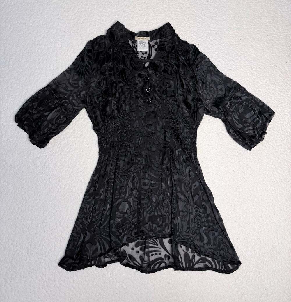 Lulumari 100% Silk Black Floral Burnout Devoré Smocked Tunic Blouse Size S